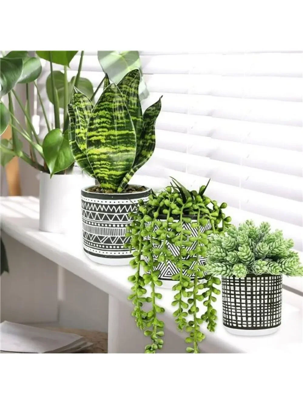 Set of 3 small artificial succulent potted plants faux greenery for home office